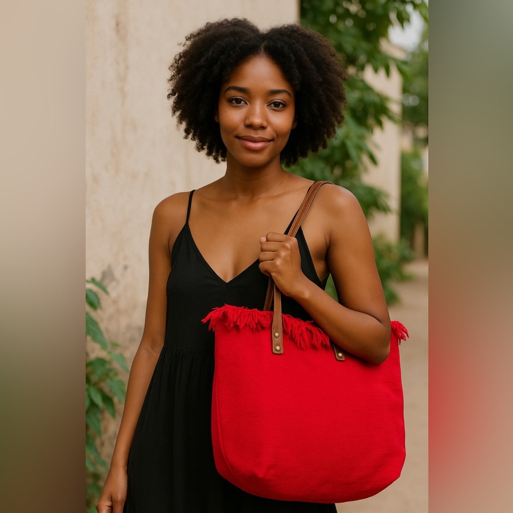 SCARLET FRINGE RED CANVAS TOTE BAG - Picture 2 of 7